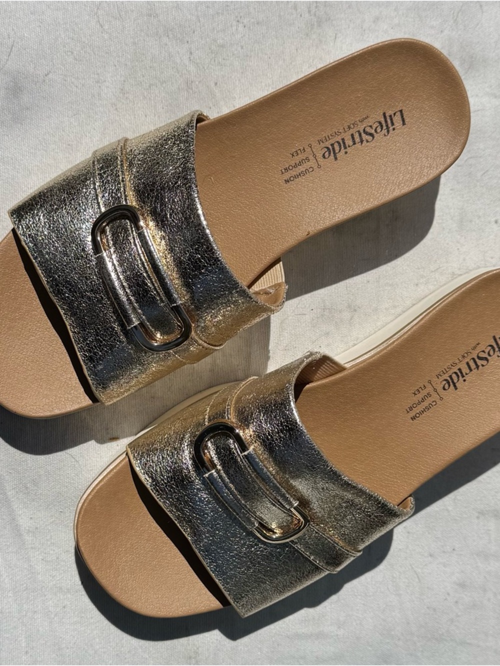 Life Stride Metallic Gold Slide Sandals with Decorative Buckle
